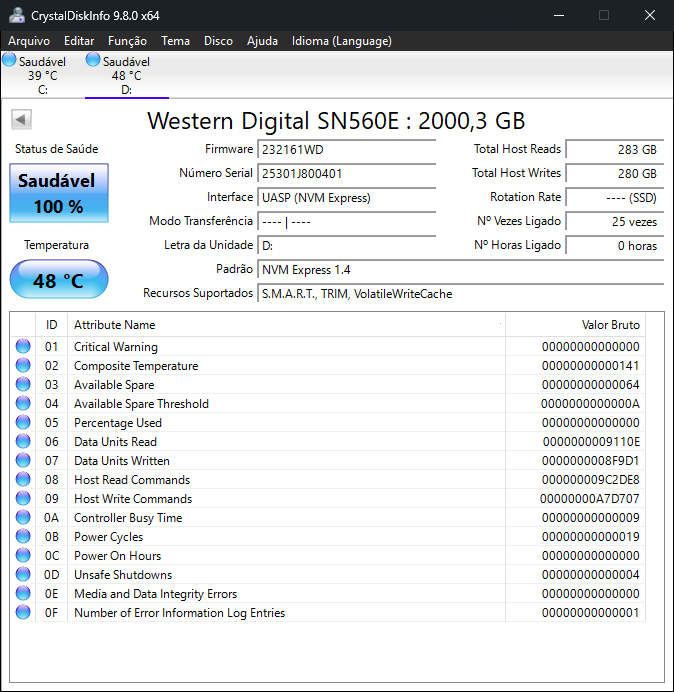 CrystalDiskInfo WD Black P40 — SN560E interno