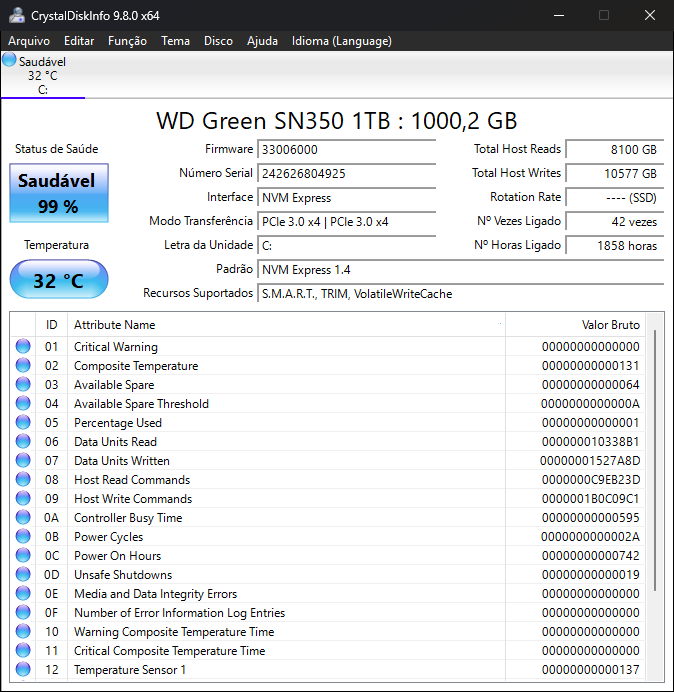 CrystalDiskInfo WD Green SN350 1TB — saúde 99%