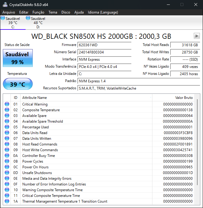 CrystalDiskInfo WD Black SN850X HS 2TB — saúde 99%