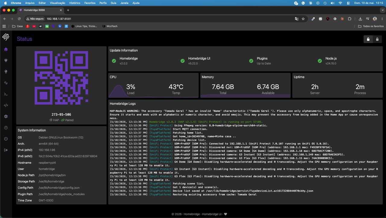 Dashboard do Homebridge v2.0.2 — tudo atualizado e funcionando