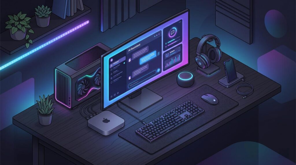Setup com Mac mini, GPU com RGB e monitor exibindo interface de IA local